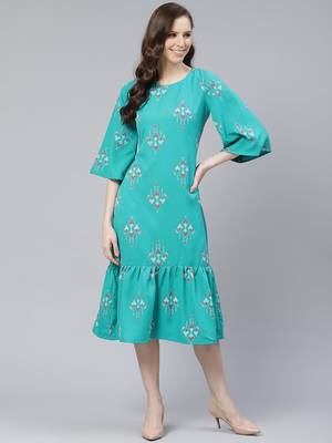 Teal-blue printed rayon kurtas-and-kurtis 1
