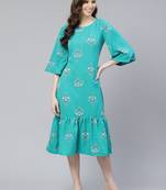 Teal-blue printed rayon kurtas-and-kurtis