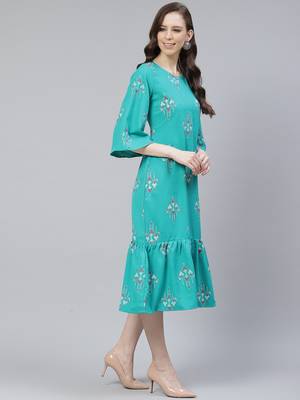 Teal-blue printed rayon kurtas-and-kurtis 2
