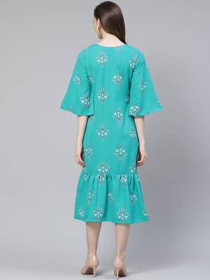 Teal-blue printed rayon kurtas-and-kurtis 3