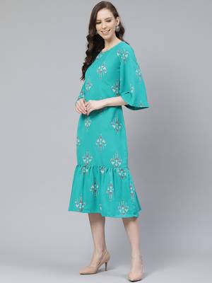 Teal-blue printed rayon kurtas-and-kurtis 5
