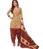 Women's Beige & Maroon Cotton Printed Readymade Patiyala Suit Set