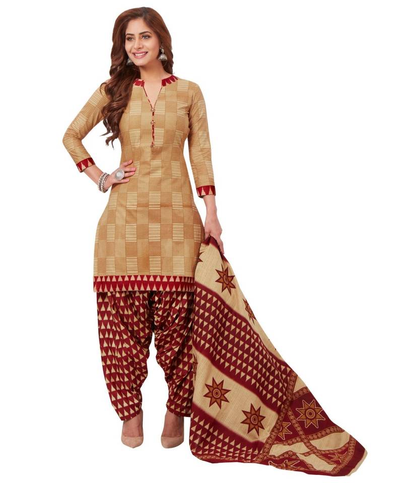 Women's Beige & Maroon Cotton Printed Readymade Patiyala Suit Set