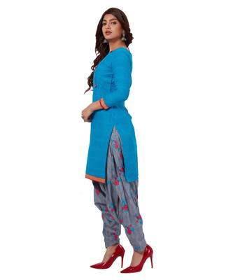 Women's Sky Blue & Grey Cotton Printed Readymade Patiyala Suit Set 3