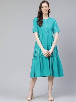 Teal-blue printed rayon kurtas-and-kurtis 1