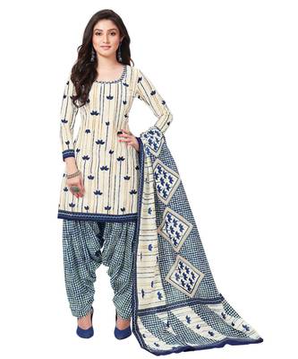 Women's Off White & Blue Cotton Printed Readymade Patiyala Suit Set 1
