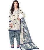 Women's Off White & Blue Cotton Printed Readymade Patiyala Suit Set