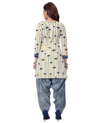 Women's Off White & Blue Cotton Printed Readymade Patiyala Suit Set 2
