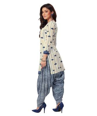 Women's Off White & Blue Cotton Printed Readymade Patiyala Suit Set 3