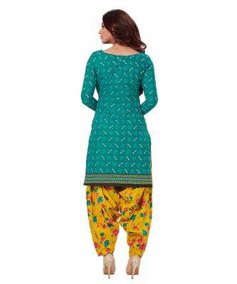Women's Green & Yellow Cotton Printed Readymade Patiyala Suit Set 2