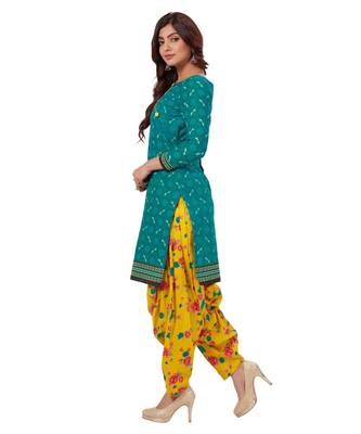 Women's Green & Yellow Cotton Printed Readymade Patiyala Suit Set 3