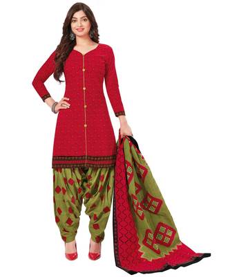 Women's Red & Green Cotton Printed Readymade Patiyala Suit Set 1