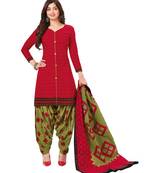 Women's Red & Green Cotton Printed Readymade Patiyala Suit Set