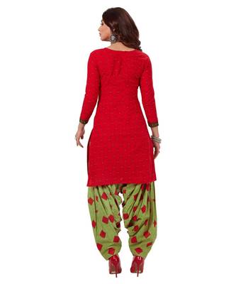 Women's Red & Green Cotton Printed Readymade Patiyala Suit Set 2