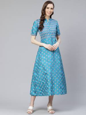 Teal-blue printed art silk kurtas-and-kurtis 1