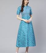 Teal-blue printed art silk kurtas-and-kurtis