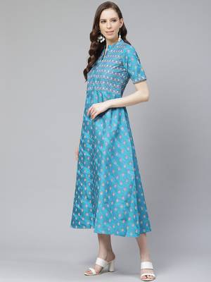Teal-blue printed art silk kurtas-and-kurtis 2