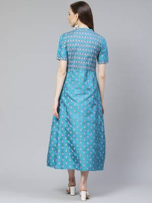 Teal-blue printed art silk kurtas-and-kurtis 3