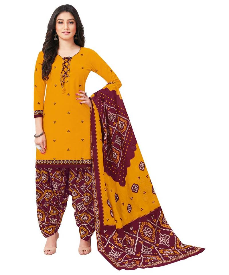 Women's Mustard & Maroon Cotton Printed Readymade Patiyala Suit Set