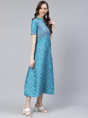 Teal-blue printed art silk kurtas-and-kurtis 5