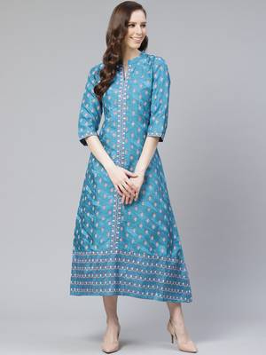 Teal-blue printed art silk kurtas-and-kurtis 1