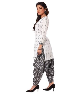 Women's White & Black Cotton Printed Readymade Patiyala Suit Set 3