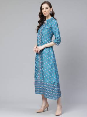 Teal-blue printed art silk kurtas-and-kurtis 2