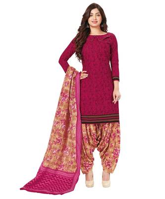 Women's Magenta & Beige Cotton Printed Readymade Patiyala Suit Set 1