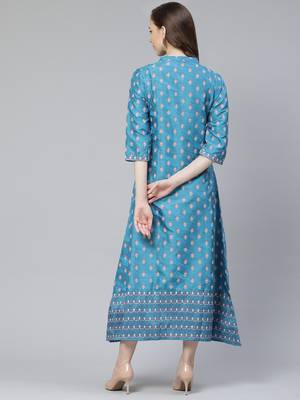Teal-blue printed art silk kurtas-and-kurtis 3