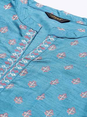 Teal-blue printed art silk kurtas-and-kurtis 4
