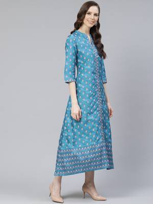 Teal-blue printed art silk kurtas-and-kurtis 5
