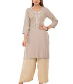 Beige embroidered cotton cotton-kurtis