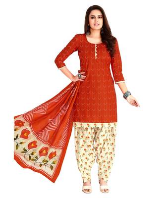 Women's Red & Cream Cotton Printed Readymade Patiyala Suit Set 1