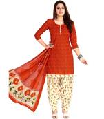Women's Red & Cream Cotton Printed Readymade Patiyala Suit Set