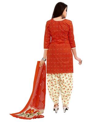 Women's Red & Cream Cotton Printed Readymade Patiyala Suit Set 2