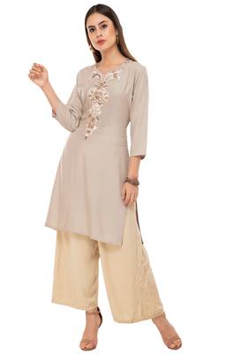 Beige embroidered cotton cotton-kurtis 3