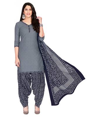 Women's Gey & Navy Blue Cotton Printed Readymade Patiyala Suit Set 1