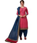 Women's Pink & Blue Cotton Printed Readymade Patiyala Suit Set with matching mask