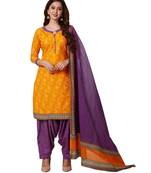 Women's Yellow & Purple Cotton Printed Readymade Patiyala Suit Set with matching mask
