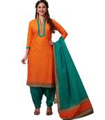 Women's Orange & Green Cotton Printed Readymade Patiyala Suit Set with matching mask