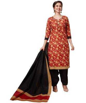 Women's Red & Black Cotton Printed Readymade Patiyala Suit Set with matching mask 1
