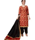 Women's Red & Black Cotton Printed Readymade Patiyala Suit Set with matching mask
