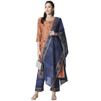 Peach printed viscose kurta sets 5