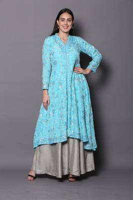 Blue embroidered georgette cotton-kurtis 1