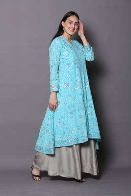 Blue embroidered georgette cotton-kurtis 3