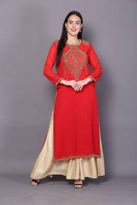 Red embroidered georgette cotton-kurtis 1