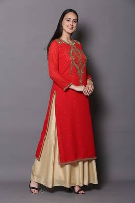 Red embroidered georgette cotton-kurtis 3