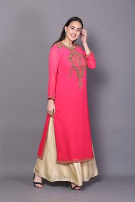 Pink embroidered georgette cotton-kurtis 3