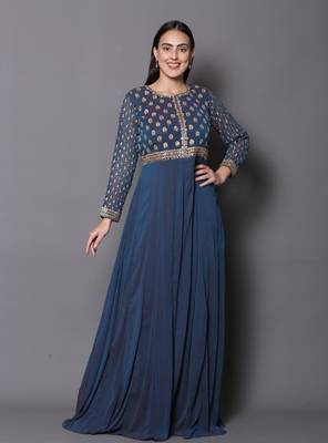 Blue embroidered georgette cotton-kurtis 1