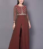 Brown embroidered georgette cotton-kurtis